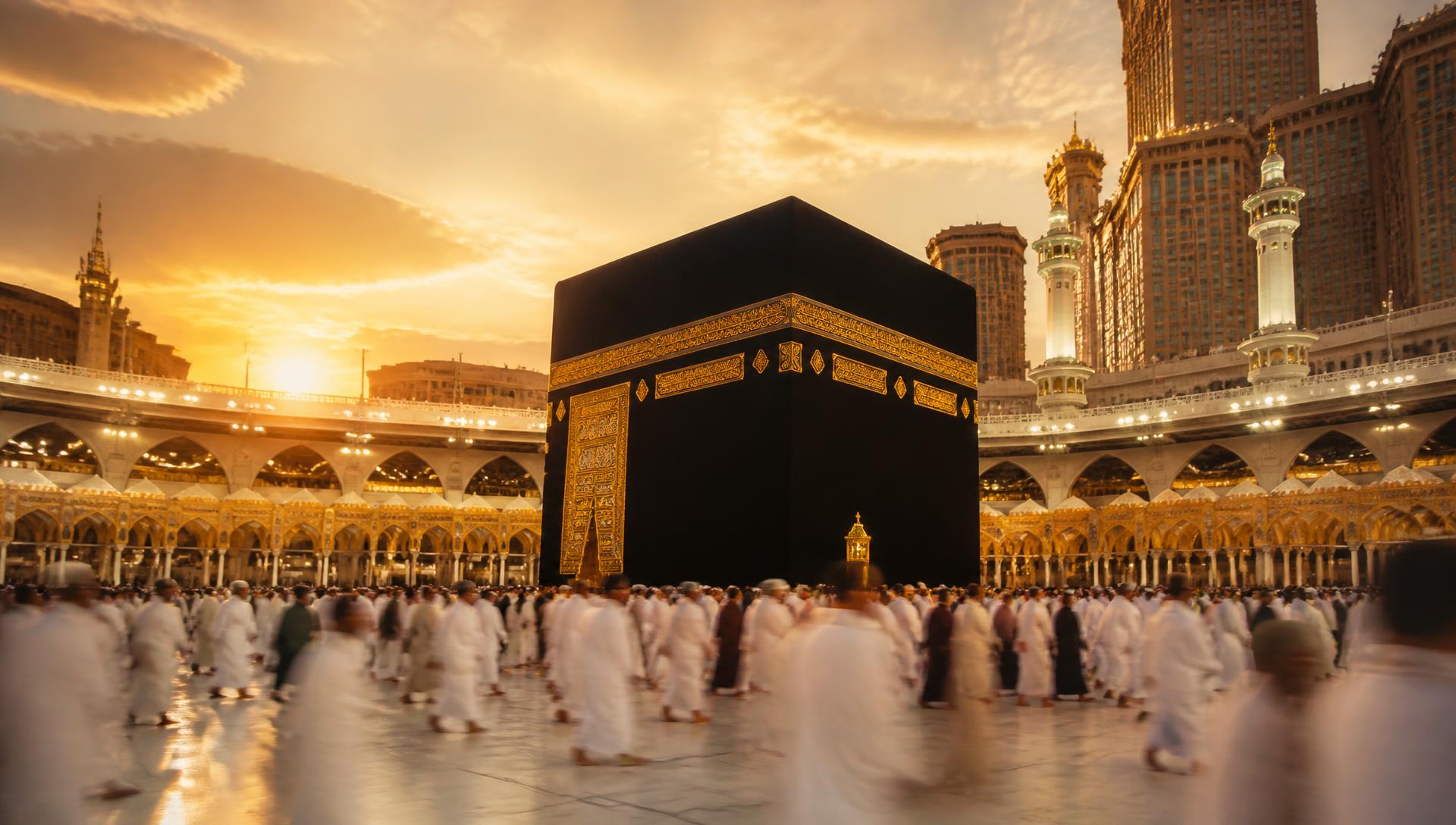 Pilgrims performing tawaf around the Kaaba in Makkah at sunset